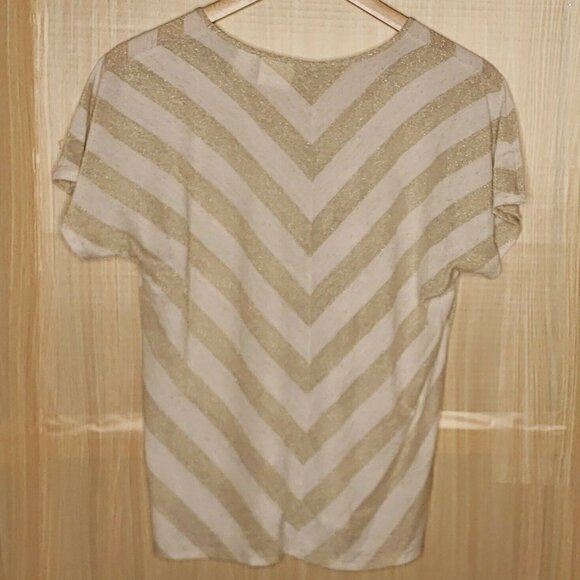 Chico's Womens Cream Gold Striped linen blend Short Sleeve Knit Top Small - Picture 2 of 6